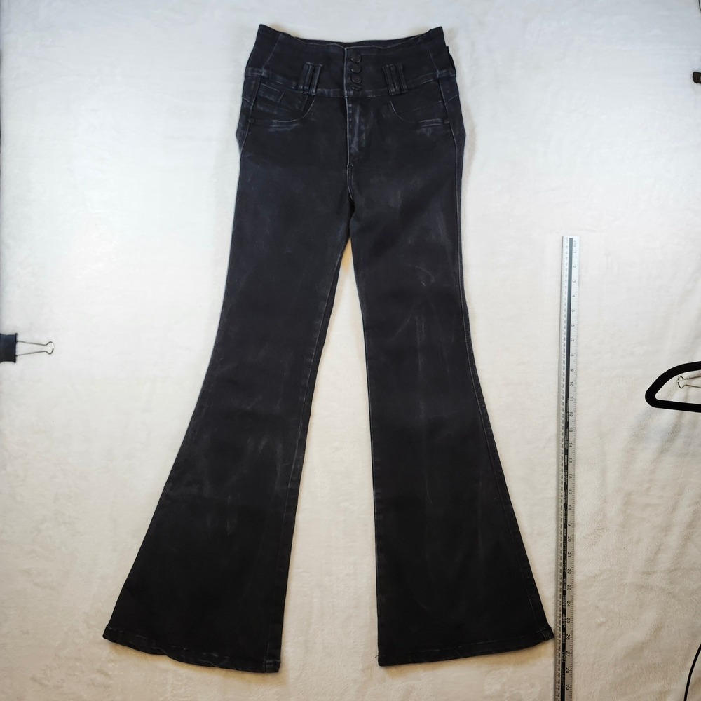 Bon Bonup  Womens High Waisted Flare Bell Bottom Jeans Faded Black Stretch Denim